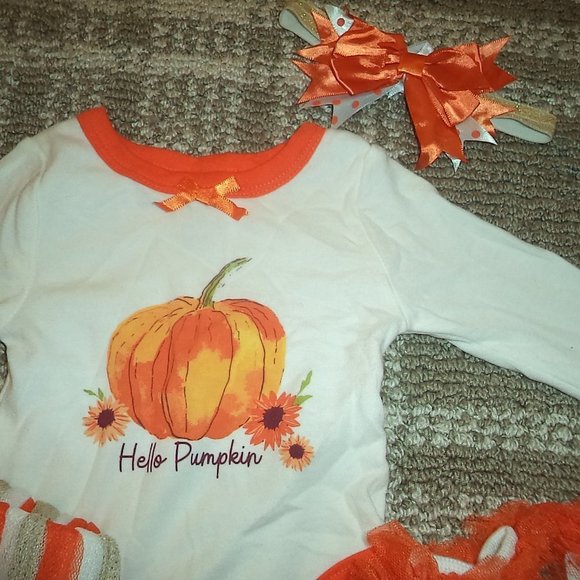 PUMPKIN OUTFIT BOUTIQUE BODYSUIT SKIRT HEADBAND SET COTUME-BABY GIRLS SIZE 3 M0. - Picture 5 of 5